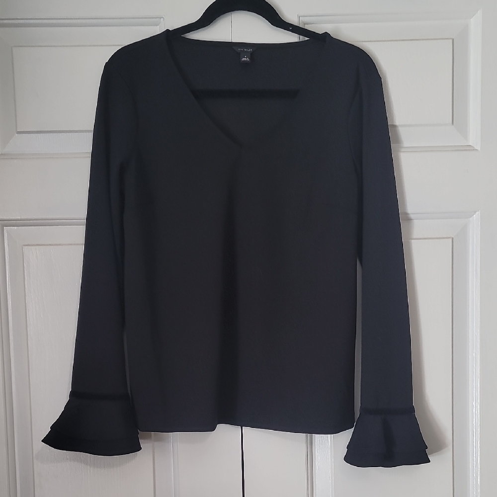 Ann Taylor Black V-Neck Blouse with Ruffled Sleeves